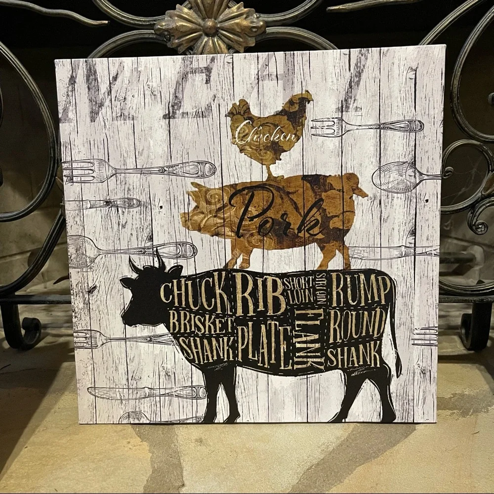 New Farmhouse Animal Wall Artwork for Kitchen with Cow, Chicken, and Pig - Picture 1 of 6